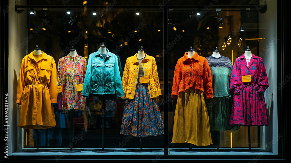 Elegant autumn fashion display with colorful dresses and coats in a boutique window, illuminated by soft evening lights, reflecting the chic urban city vibe Elegant autumn fashion display with colorful dresses and coats in a boutique window, illuminated by soft evening lights, reflecting the chic urban city vibe