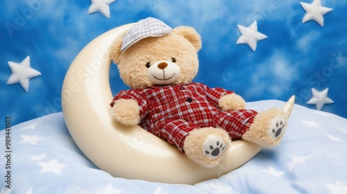 A cheerful teddy bear in pajamas cuddles on a crescent moon surrounded by twinkling stars in a soft, whimsical night sky photo