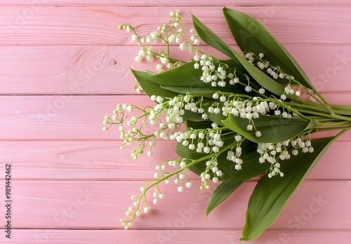 Lily of the Valley Bouquet on Pink Wood