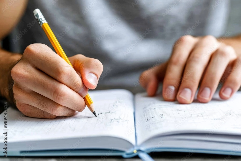 A close-up of hands writing in a notebook, with a pencil jotting down notes from a textbook A close-up of hands writing in a notebook, with a pencil jotting down notes from a textbook