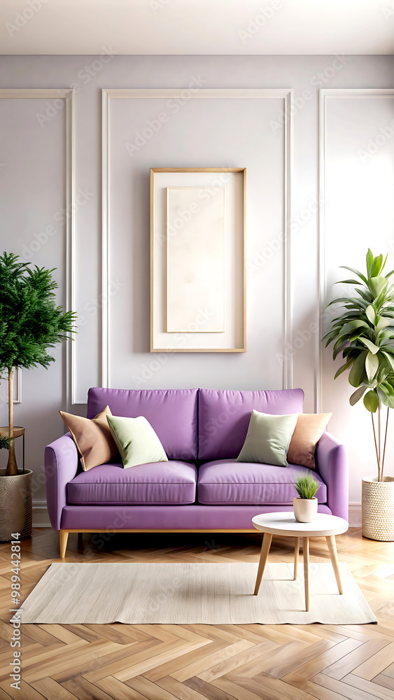Home mock up with purple sofa and flowers, fresh spring living room interior, 3d render, white Mock up frame Home mock up with purple sofa and flowers, fresh spring living room interior, 3d render, white Mock up frame