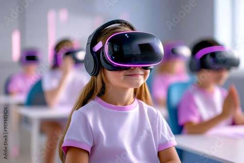 A digital classroom set in a virtual reality world, where students attend lessons as avatars and interact with the environment in real-time