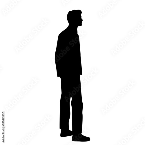 Vector silhouette of man standing, profile, business people, black color, isolated on white background