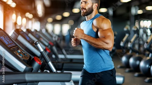 A dedicated individual is engaged in an intense treadmill run at a contemporary gym in the morning. His focus highlights commitment to fitness and health.