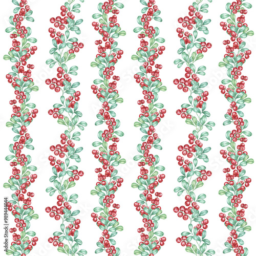 Red berries and green leaves arranged in a seamless pattern. Cranberry or lingonberry clipart. This watercolor illustration is ideal for stationery, holiday cards, and product packaging