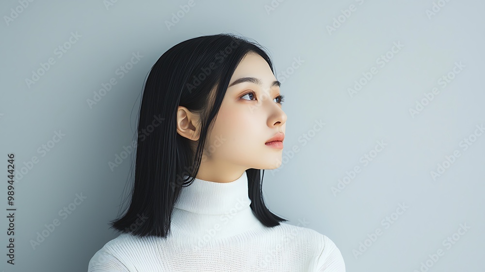 Serene Minimalist Portrait of Woman with Straight Jet-Black Hair in White Turtleneck Against Pale Gray Wall Serene Minimalist Portrait of Woman with Straight Jet-Black Hair in White Turtleneck Against Pale Gray Wall
