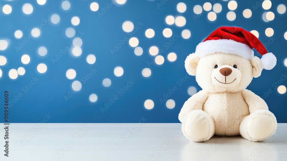 Fototapeta premium A cozy Christmas setting with a teddy bear, festive decorations, and a blank frame waiting for cherished memories