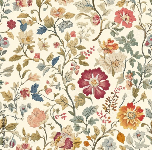 vintage-inspired floral pattern with intricate details, featuring an array of flowers in soft pastel colors