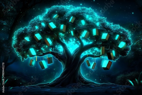 A glowing tree of knowledge in a mystical forest, with books hanging from its branches like fruit, each one containing ancient wisdom photo