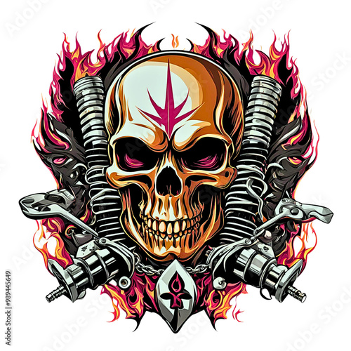 Flaming Skull with Pistons, fiery skull illustration, adorned with pistons and flames, is perfect for motorcycle clubs, racing teams, or any design needing a touch of danger. photo