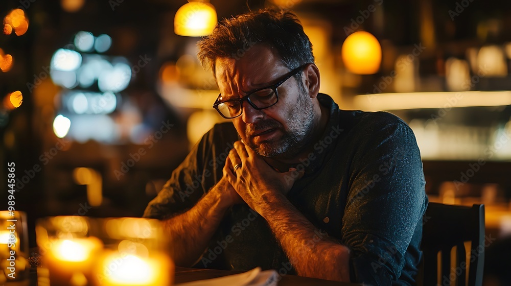 Middle-aged Man Experiencing Heartburn in Dimly Lit Restaurant Middle-aged Man Experiencing Heartburn in Dimly Lit Restaurant