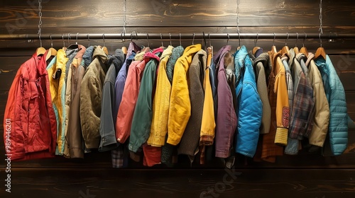 heartwarming coat drive display with gently used jackets on rustic wooden hangers soft inviting lighting highlighting varied textures and colors emphasizes community spirit and giving
