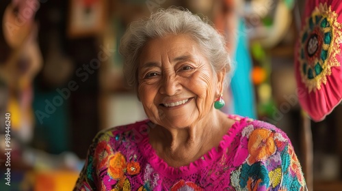 heartwarming portrait of a joyful senior latina woman in a vibrant nursing home setting soft flattering light highlights her radiant smile and the wisdom in her eyes surrounded by colorful decor