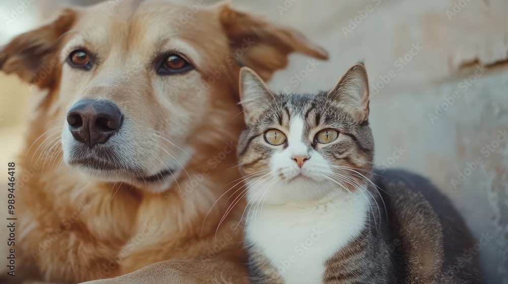 heartwarming portrait of unlikely animal friendship playful dog and curious cat sitting side by side looking at camera soft natural lighting emphasizing companionship and harmony