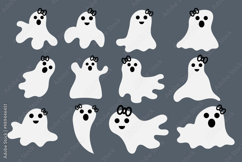 Fototapeta premium Cute ghost and black bow Halloween set. Vector illustration.