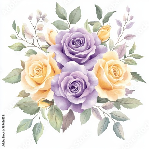 Watercolor floral bouquet, featuring purple and yellow roses, wildflowers, and greenery