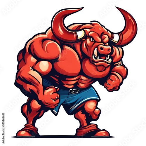 Red Bull Boxer Mascot, This tough bull mascot is ready to step into the ring! Perfect for sports, gaming, or any brand needing a symbol of strength and determination. photo