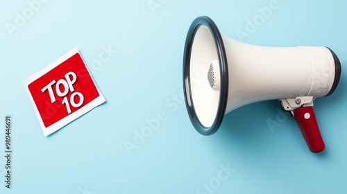 Megaphone and 'Top 10' sign on blue background. Concept for announcement, ranking or top ten list.