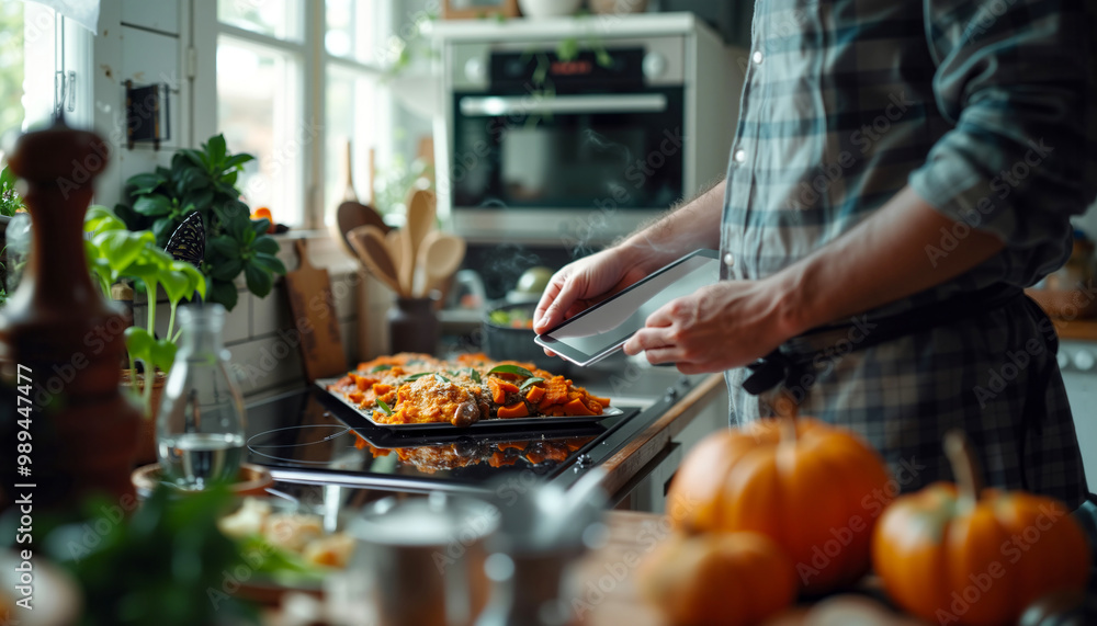 A man using a tablet computer in a kitchen preparing food A man using a tablet computer in a kitchen preparing food