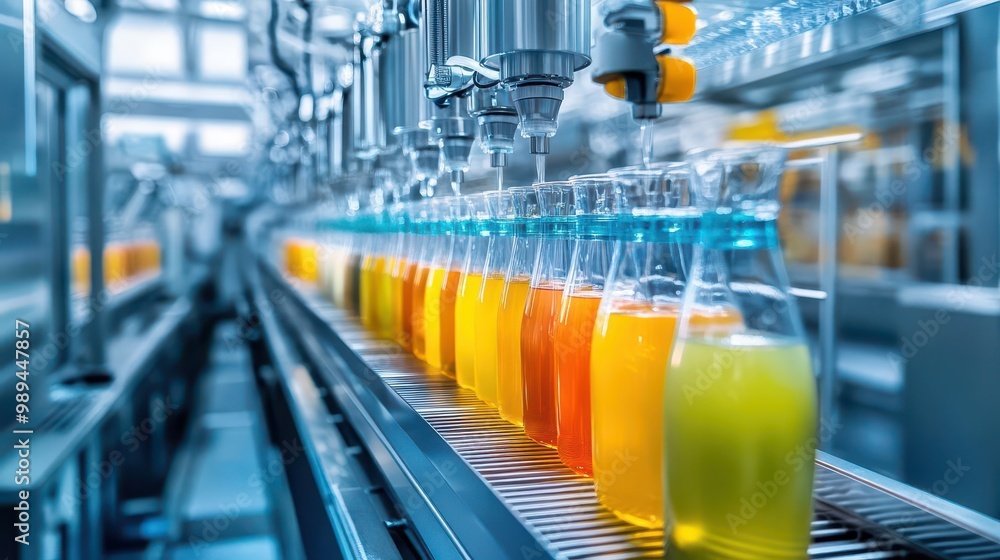 hightech juice bottling facility with robotic arms conveyor belts and transparent tubes filled with colorful juices sterile and futuristic environment hightech juice bottling facility with robotic arms conveyor belts and transparent tubes filled with colorful juices sterile and futuristic environment
