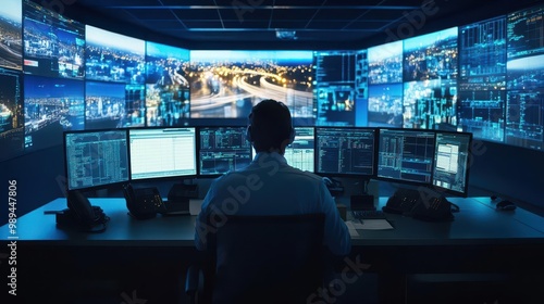 hightech 911 emergency response center police officer operating advanced monitoring systems multiple screens data visualization tense atmosphere blue light ambiance