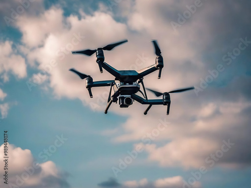 close up of modern photo drone in the sky photo