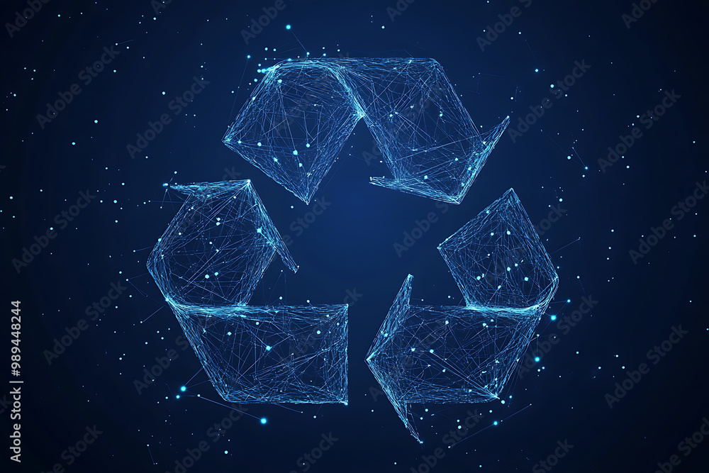 sign recycling , minimalist poster silhouette logo in the wireframe style on a dark blue background sign recycling , minimalist poster silhouette logo in the wireframe style on a dark blue background