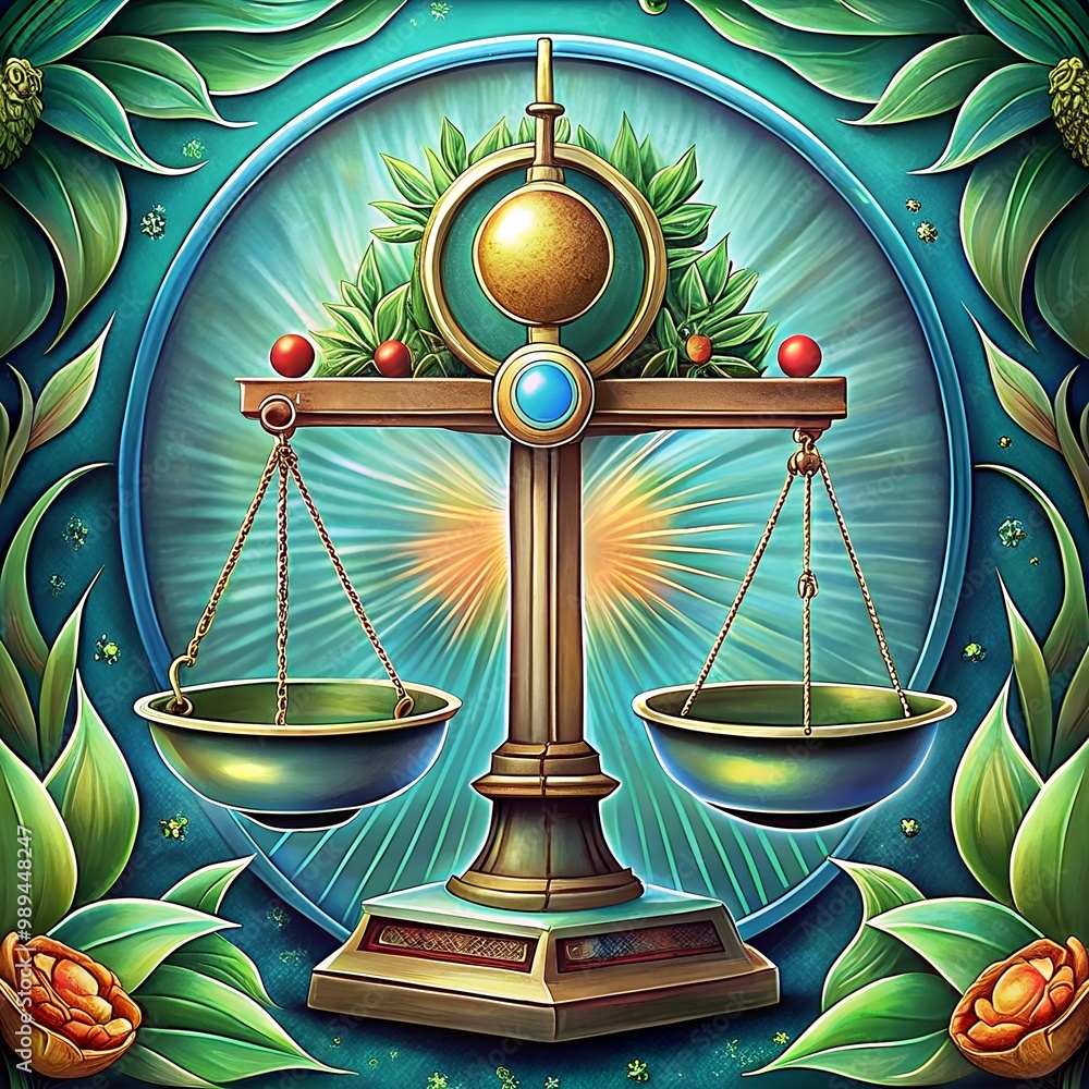zodiac sign. This artwork features a Libra scale, symbolizing balance ...