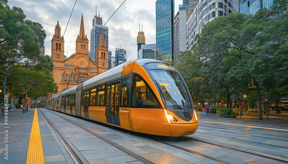Fototapeta premium Modern tram passing by st andrews cathedral in sydney
