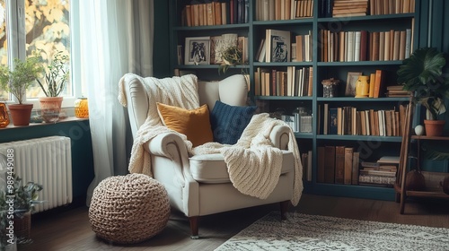 hyggeinspired reading nook with oversized wingback chair chunky knit throws and vintage book collection photo