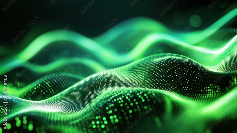 Abstract green tech background with digital waves.