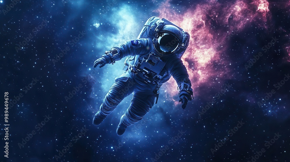 Naklejka premium hyperrealistic astronaut floating in deep space stars and nebulae backdrop reflective suit details otherworldly atmosphere