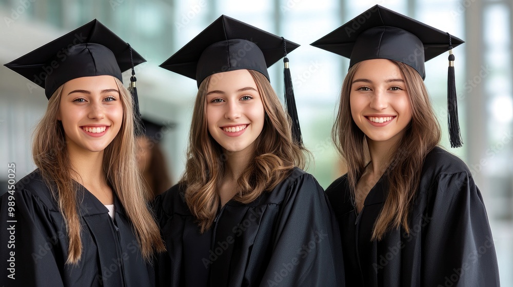 Three joyful Italian students celebrate graduation in caps and gowns at university campus on a sunny day Three joyful Italian students celebrate graduation in caps and gowns at university campus on a sunny day