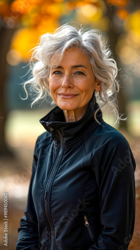 A woman in a black jacket standing in a park