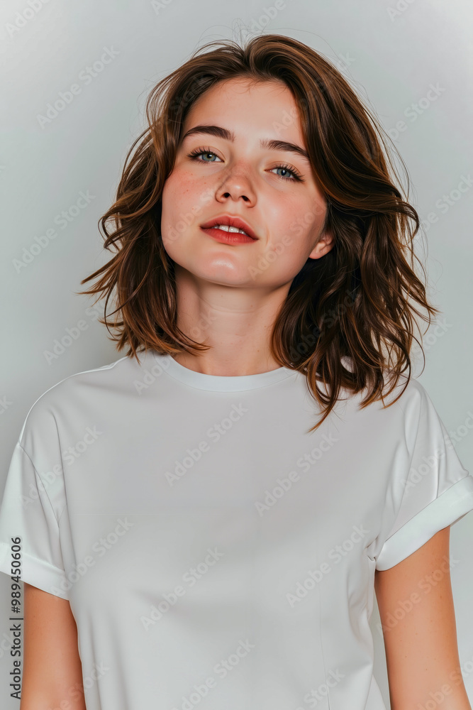 Fototapeta premium A woman wearing a white t-shirt is looking up at the sky