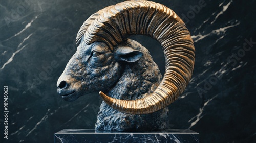 Golden Ram Statue on Black Marble Base