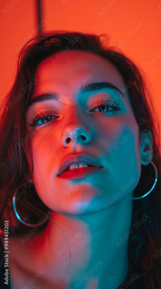 Obraz premium A woman with blue and red light on her face