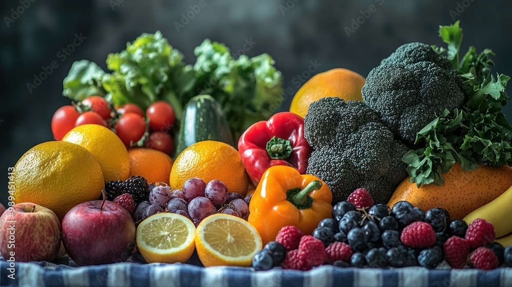 colorful fruits and vegetables arranged on a table, highlighting their rich antioxidant properties colorful fruits and vegetables arranged on a table, highlighting their rich antioxidant properties