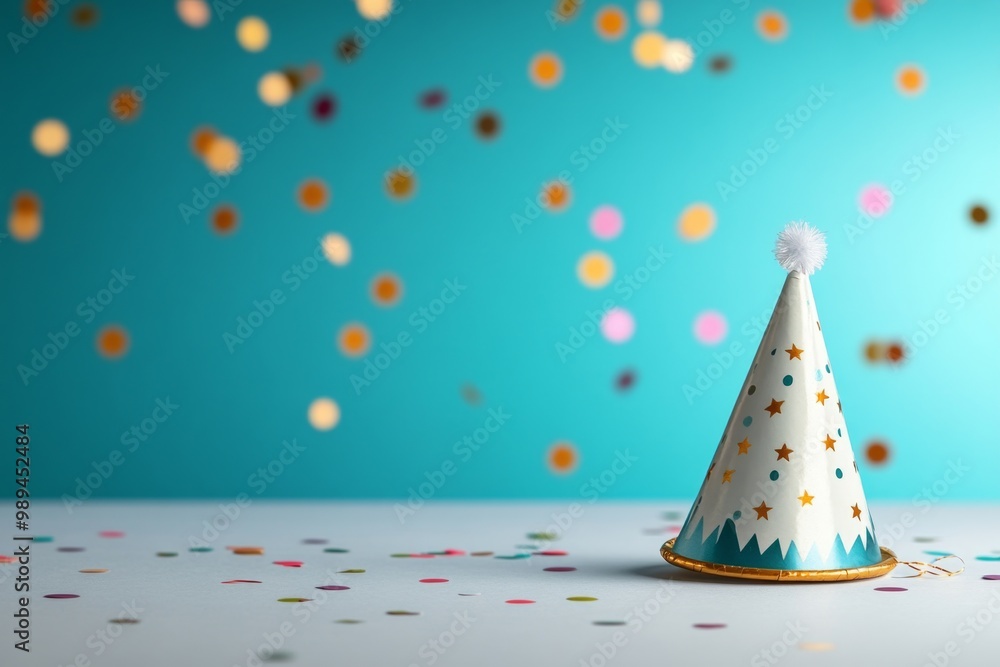 A simple party hat and confetti on a blank surface, symbolizing a quiet, understated celebration A simple party hat and confetti on a blank surface, symbolizing a quiet, understated celebration