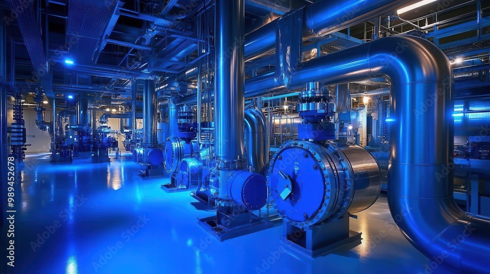 Fototapeta premium imposing industrial boiler room with massive stainless steel pipes gleaming blue pumps and intricate valve systems bathed in cool led lighting that highlights the complex engineering marvel