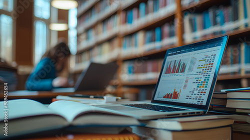 An academic library with financial textbooks and journals piled on a table a student taking notes on a laptop displaying market analysis.