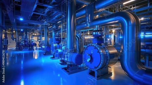 imposing industrial boiler room with massive stainless steel pipes gleaming blue pumps and intricate valve systems bathed in cool led lighting that highlights the complex engineering marvel