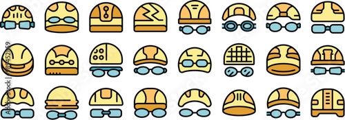 This colorful set of icons shows different styles of swim caps and goggles for swimmers