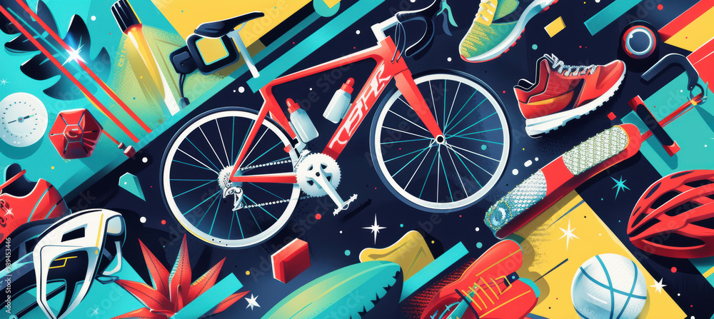 Fototapeta premium Dynamic Cyber Monday Email Banner with Discounted Sports Gear for Bicycles, Running Shoes, and Gym Equipment