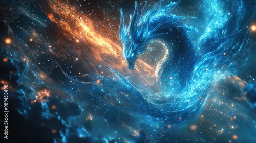 A celestial dragon made of swirling blue energy in a star-filled sky