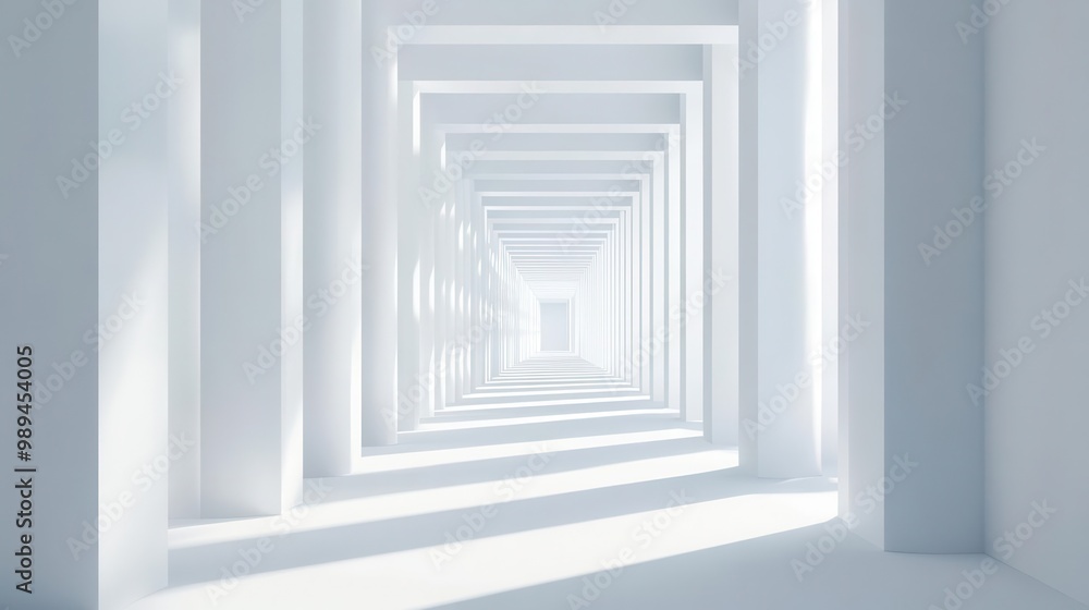 Fototapeta premium infinite corridor stark white passageway stretches to vanishing point sleek pillars cast subtle shadows creating rhythm and depth in minimalist 3d render