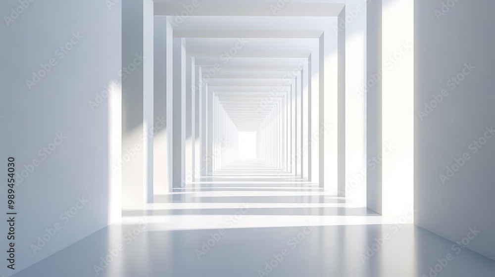 infinite corridor stark white passageway stretches to vanishing point sleek pillars cast subtle shadows creating rhythm and depth in minimalist 3d render infinite corridor stark white passageway stretches to vanishing point sleek pillars cast subtle shadows creating rhythm and depth in minimalist 3d render