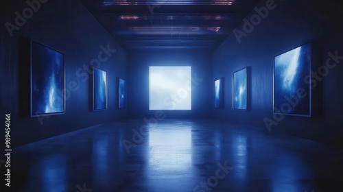 infinite mirror illusion with floating picture frames cosmic nebula reflections minimalist gallery space