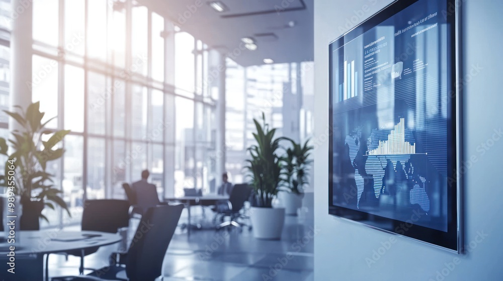 a digital screen showcasing a company announcement in a bustling office environment a digital screen showcasing a company announcement in a bustling office environment