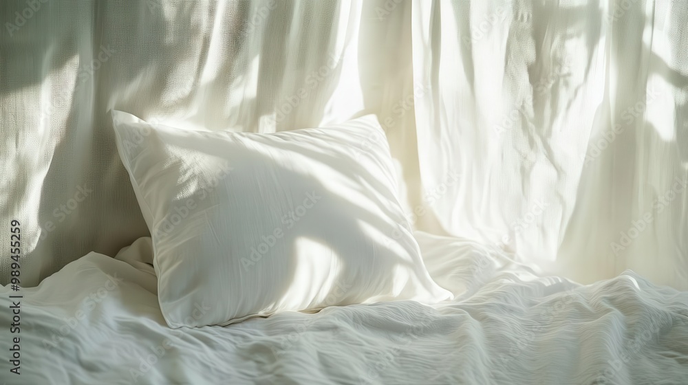 intimate closeup of a plush white pillow nestled among crisp linen sheets bathed in soft morning light filtering through sheer curtains creating a serene and inviting bedroom atmosphere intimate closeup of a plush white pillow nestled among crisp linen sheets bathed in soft morning light filtering through sheer curtains creating a serene and inviting bedroom atmosphere